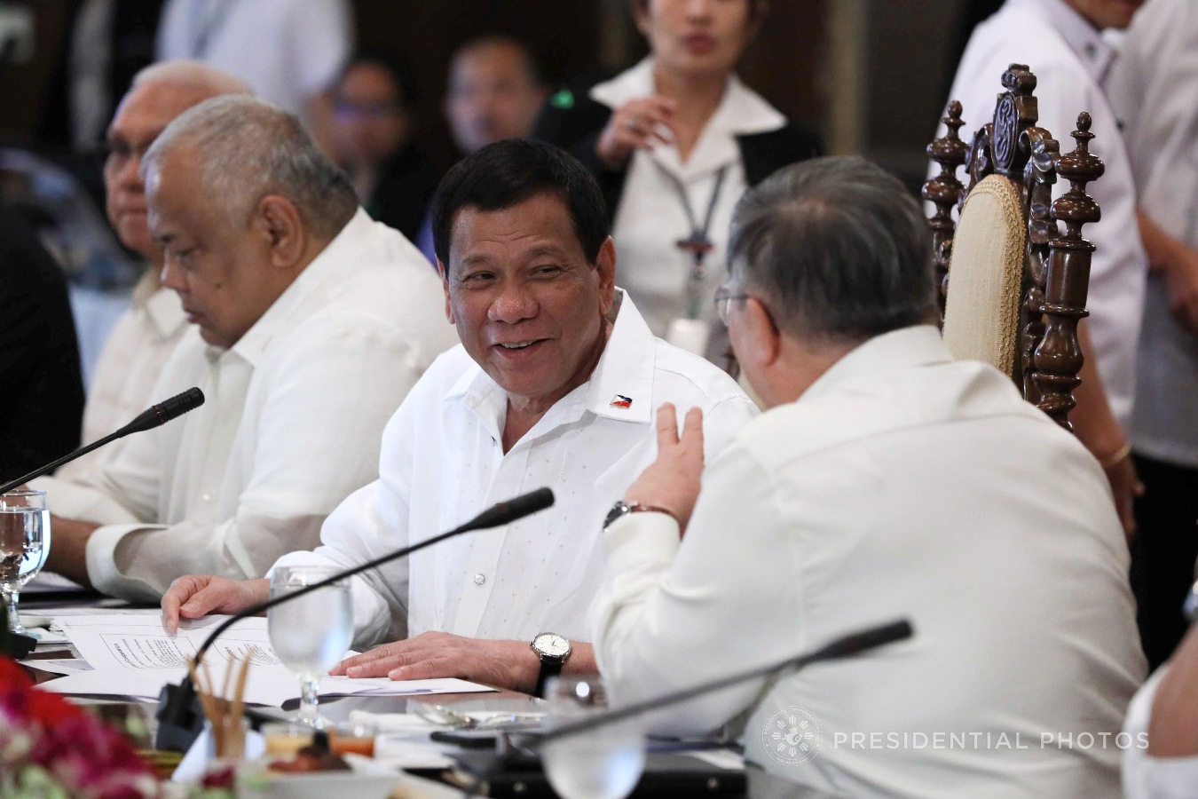 President Rodrigo Roa Duterte shares a light moment with Finance Secretary Carlos Dominguez III during the cabinet cluster meeting in Malacañan Palace on November 6, 2017. ACE MORANDANTE/PRESIDENTIAL PHOTO