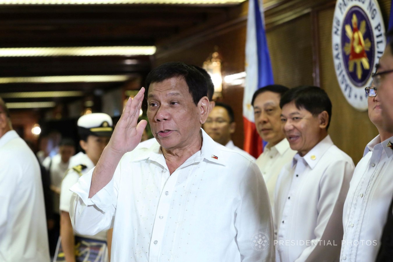 President Rodrigo Roa Duterte salutes to the officials of the Armed Forces of the Philippines (AFP) and the Philippine National Police (PNP) prior to the start of Joint AFP-PNP Command Conference in Malacañan Palace on November 6, 2017. KARL NORMAN ALONZO/PRESIDENTIAL PHOTO