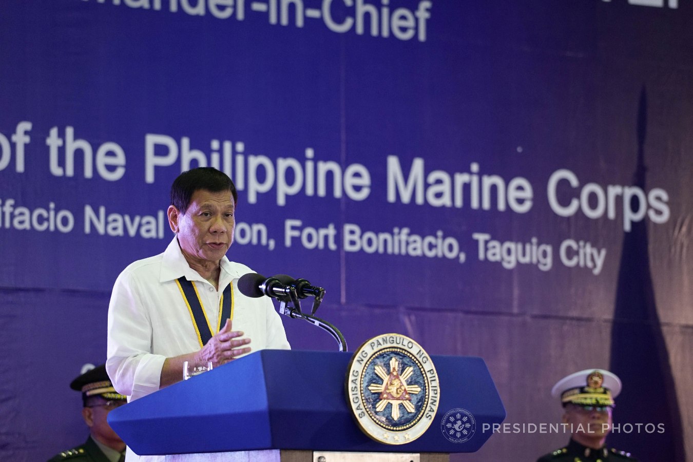 President Rodrigo Roa Durterte, in his speech during the 67th Birthday celebration of the Philippine Marine Corps at the Bonifacio Naval Station in Fort Bonifacio, Taguig City on November 7, 2017, announces that he has set aside a P500-million budget for the wounded government security forces who fought for the liberation of Marawi City. The President said the budget will be used for their treatment while housing projects are also in store for the wounded war heroes. KING RODRIGUEZ/PRESIDENTIAL PHOTO