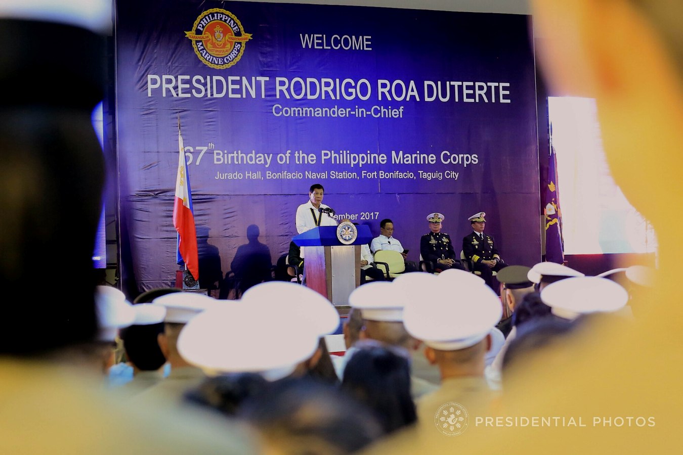 President Rodrigo Roa Duterte, in his speech during the 67th Birthday celebration of the Philippine Marine Corps at the Bonifacio Naval Station in Fort Bonifacio, Taguig City on November 7, 2017, lauds the army and police for a job well done in liberating Marawi City. Likewise, he also acknowledged the help of various countries in the war against the terrorists in Marawi City. ALBERT ALCAIN/PRESIDENTIAL PHOTO