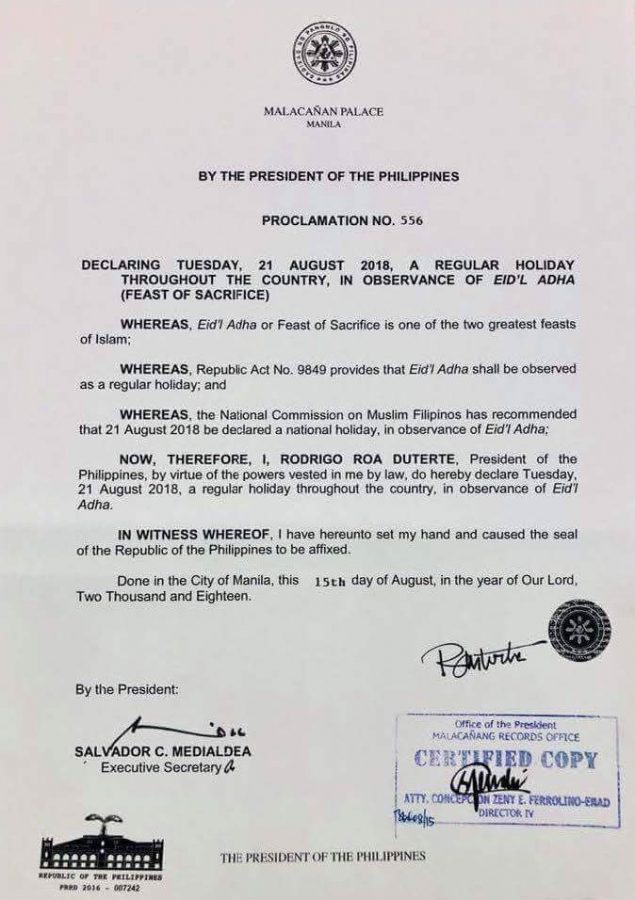 Declaring Tuesday, 21 August 2018, a regular holiday throughout the country, in observance of Eid'l Adha (Feast of Sacrifice)