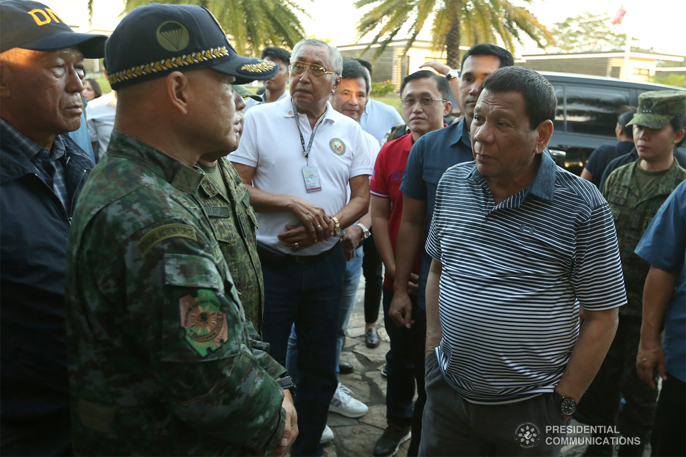 President Rodrigo Roa Duterte is welcomed by police and military officials upon his arrival at the Camarines Sur Watersports Complex (CWC) in Pili, Camarines Sur on January 4, 2019 where he held a situation briefing with the members of his cabinet and local government officials to discuss the disaster response measures in the aftermath of Tropical Depression (TD) 'Usman'. REY BANIQUET/PRESIDENTIAL PHOTO