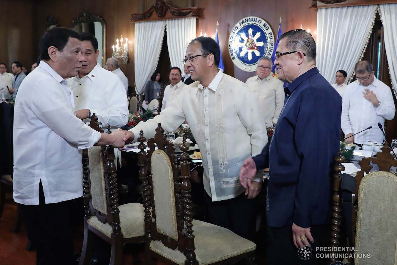 President Rodrigo Roa Duterte welcomes newly-appointed Presidential Adviser on the Peace Process Carlito Galvez Jr., as a new member of his cabinet prior to the 33rd Cabinet Meeting held at the Malacañan Palace on January 7, 2019. ROLANDO MAILO/PRESIDENTIAL PHOTO