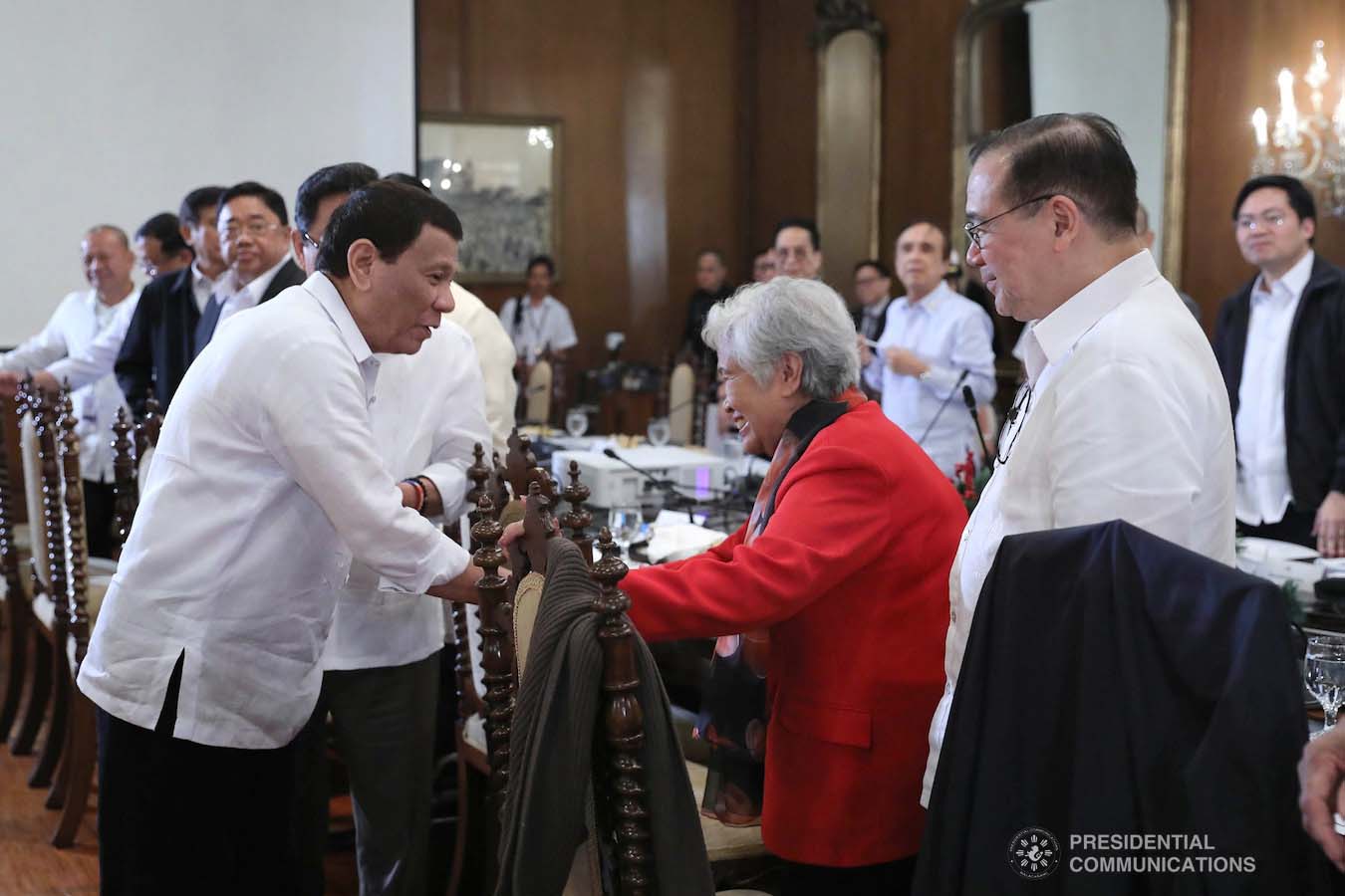 President Rodrigo Roa Duterte greets Education Secretary Leonor Briones prior to the 33rd Cabinet Meeting held at the Malacañan Palace on January 7, 2019. ROLANDO MAILO/PRESIDENTIAL PHOTO