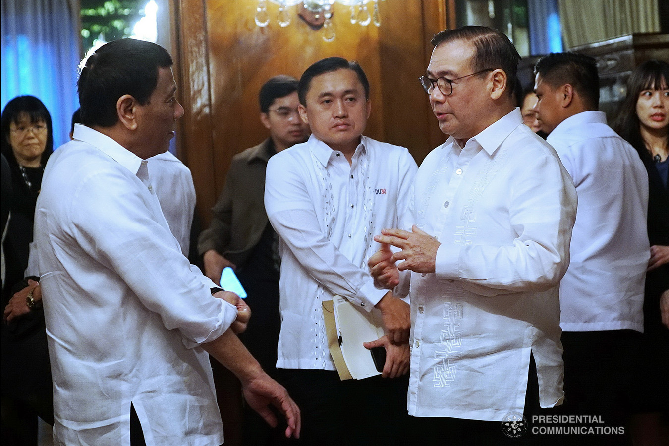 President Rodrigo Roa Duterte chats with Foreign Affairs Secretary Teodoro Locsin Jr. on the sidelines of Japan House of Councillors President Chuichi Date's courtesy call on the President at the Malacañan Palace on January 8, 2018. RENE LUMAWAG/PRESIDENTIAL PHOTO