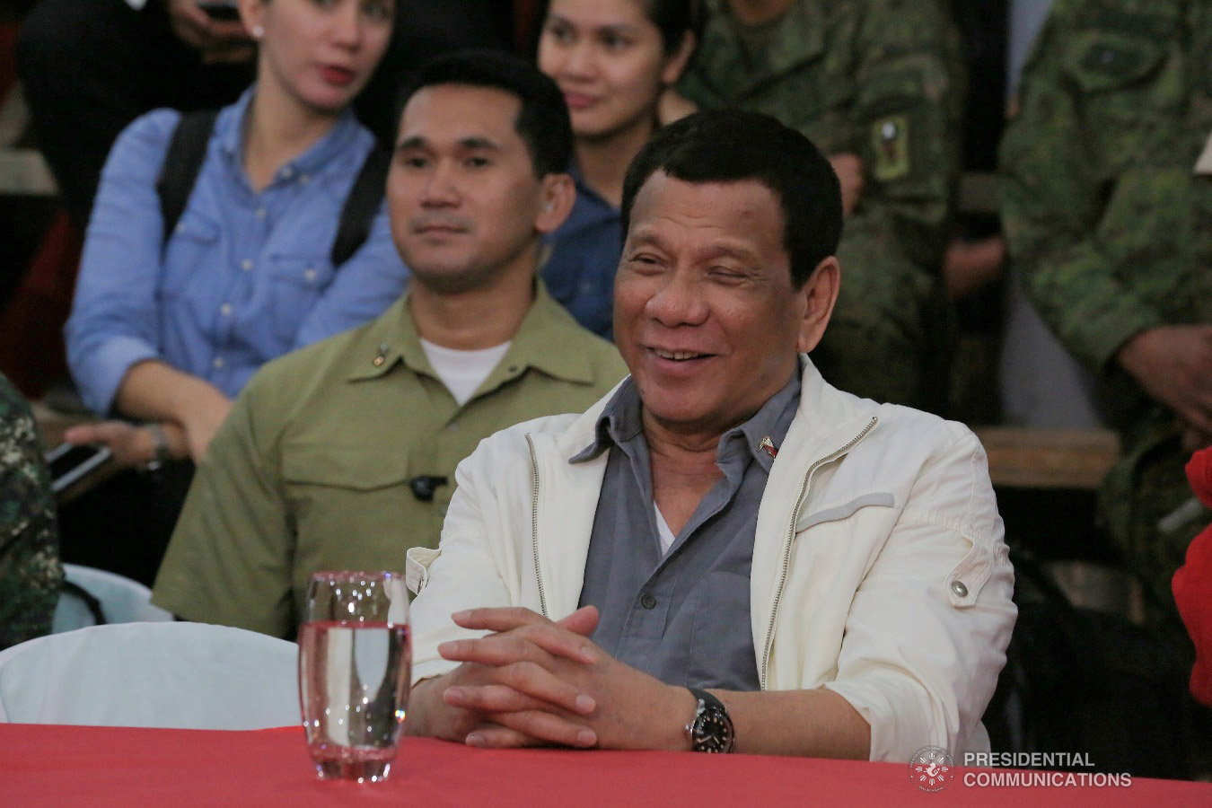 President Rodrigo Roa Duterte breaks into a smile while witnessing the program proper during the birthday celebration of Masbate Governor Antonio Kho at the Kalasangan Farm in Cataingan, Masbate on January 9, 2019. ALBERT ALCAIN/PRESIDENTIAL PHOTO