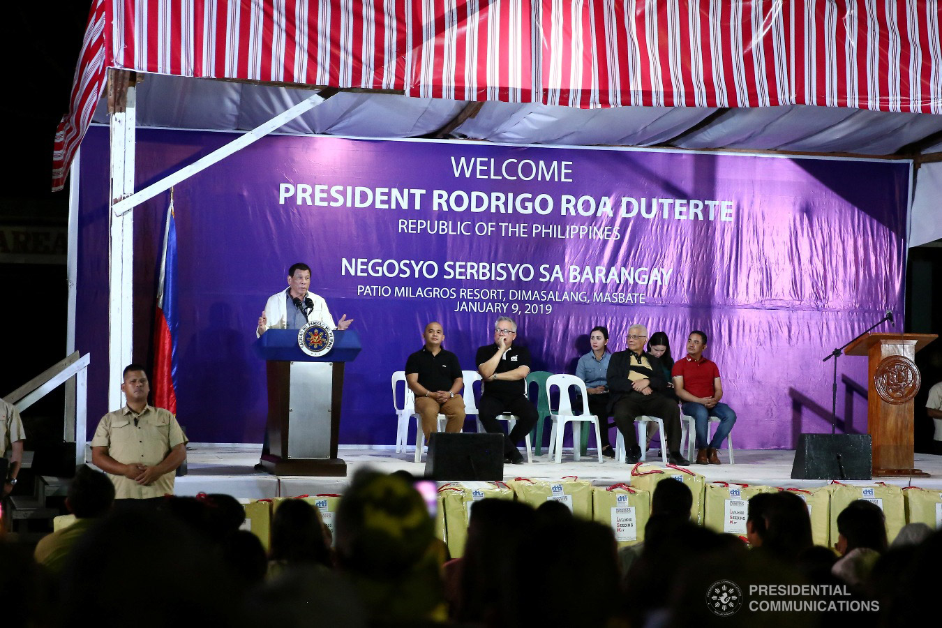 President Rodrigo Roa Duterte delivers his speech during the Negosyo Serbisyo sa Barangay held at the Patio Milagros Minitel and Resort in Dimasalang, Masbate on January 9, 2019. VALERIE ESCALERA/PRESIDENTIAL PHOTO