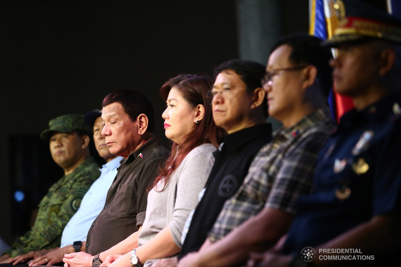 President Rodrigo Roa Duterte witnesses the program proper during the ceremonial turnover of housing units to wounded police officers and soldiers at the at the Pleasant View Residences in the City of San Jose del Monte, Bulacan on January 10, 2019. Joining the President on stage are Armed Forces of the Philippines Chief of Staff General Benjamin Madrigal, Defense Secretary Delfin Lorenzana, Ms. Cielito "Honeylet" Avanceña, Interior and Local Government Secretary Eduardo Año, Housing and Urban Development Coordinating Council Chair Eduardo del Rosario, and Philippine National Police Director General Oscar Albayalde. REY BANIQUET/PRESIDENTIAL PHOTO