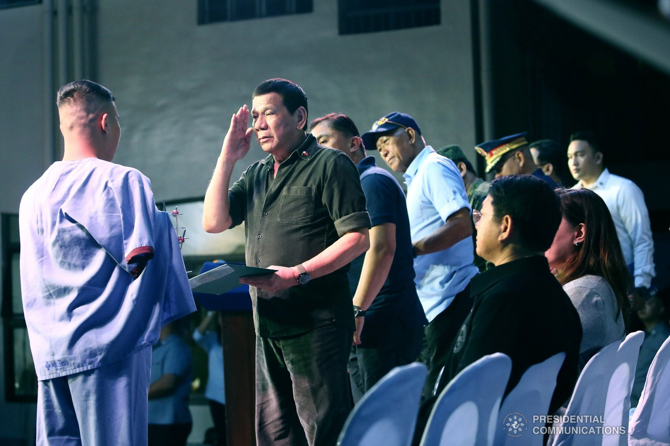 President Rodrigo Roa Duterte salutes a wounded soldier who is one of the beneficiaries during the ceremonial turnover of housing units at the Pleasant View Residences in the City of San Jose del Monte, Bulacan on January 10, 2019. REY BANIQUET/PRESIDENTIAL PHOTO