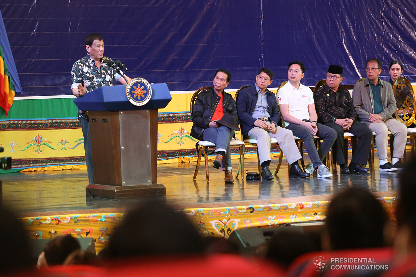 President Rodrigo Roa Duterte delivers his speech during the Peace Assembly for the Ratification of Republic Act No. 11054 or the Bangsamoro Organic Law (BOL), held at the Shariff Kabunsuan Cultural Complex in Cotabato City on January 18, 2019. Joining the President on stage are Presidential Spokesperson and Chief Legal Counsel Salvador Panelo, Interior and Local Government Secretary Eduardo Año, Cabinet Secretary Karlo Nograles, Moro Islamic Liberation Front Chairman Al-Hajj Murad Ebrahim, and Presidential Adviser on the Peace Process Carlito Galvez Jr. ROBINSON NIÑAL JR./PRESIDENTIAL PHOTO