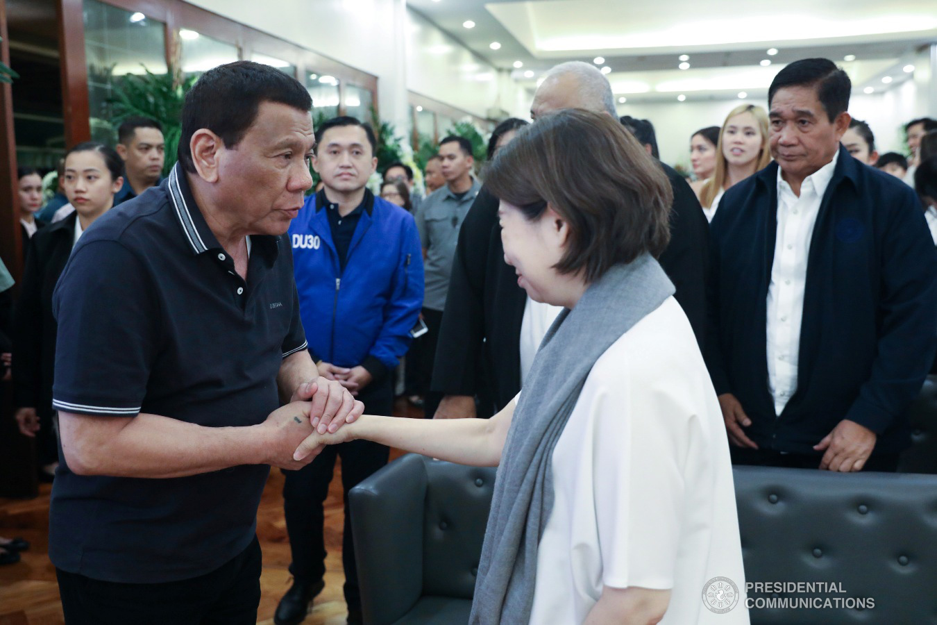 President Rodrigo Roa Duterte condoles with Teresita Sy-Coson, daughter of the late Chinese-Filipino business magnate Henry Sy, as he visits the wake at the Heritage Memorial Park in Taguig City on January 20, 2019. ACE MORANDANTE/ PRESIDENTIAL PHOTO