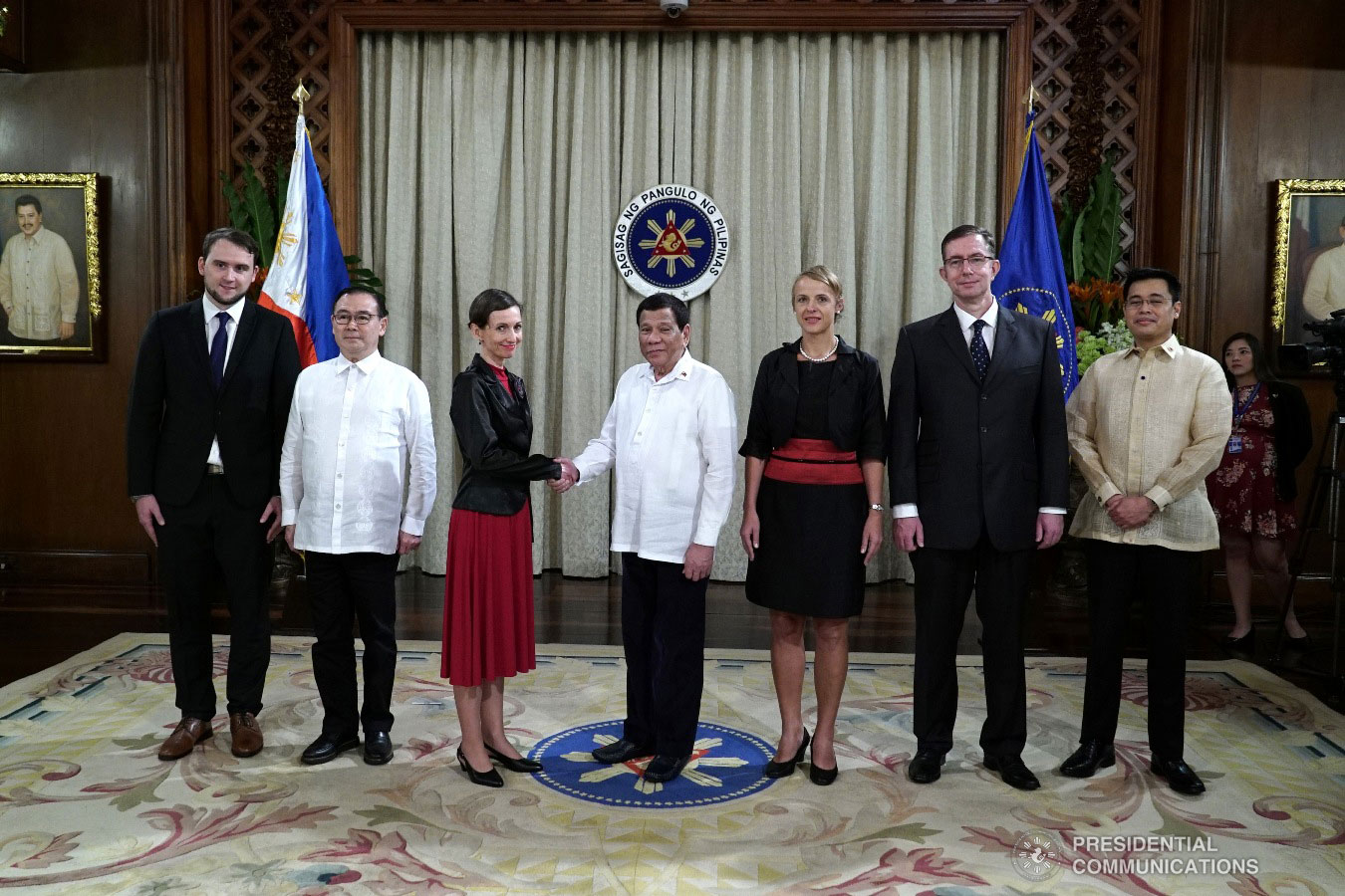 President Rodrigo Roa Duterte poses for posterity with Ambassador-designate of Czech Republic to the Philippines Jana Sediva after the latter presented her credentials to the President at the Malacañan Palace on January 15, 2019.. Joining Foreign Affairs Secretary Teodoro Locsin Jr.,.KING RODRIGUEZ/PRESIDENTIAL PHOTO