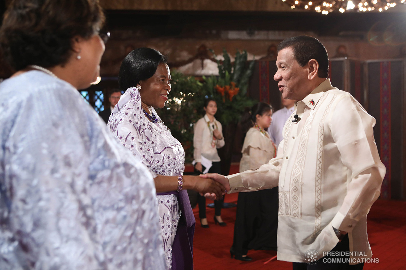 President Rodrigo Roa Duterte shares a light moment with Non-resident Ambassador Designate of Uganda Dorothy Samali Hyuha after the latter presented her credentials to the President during a ceremony at the Malacañan Palace on January 21, 2019. KING RODRIGUEZ/PRESIDENTIAL PHOTO