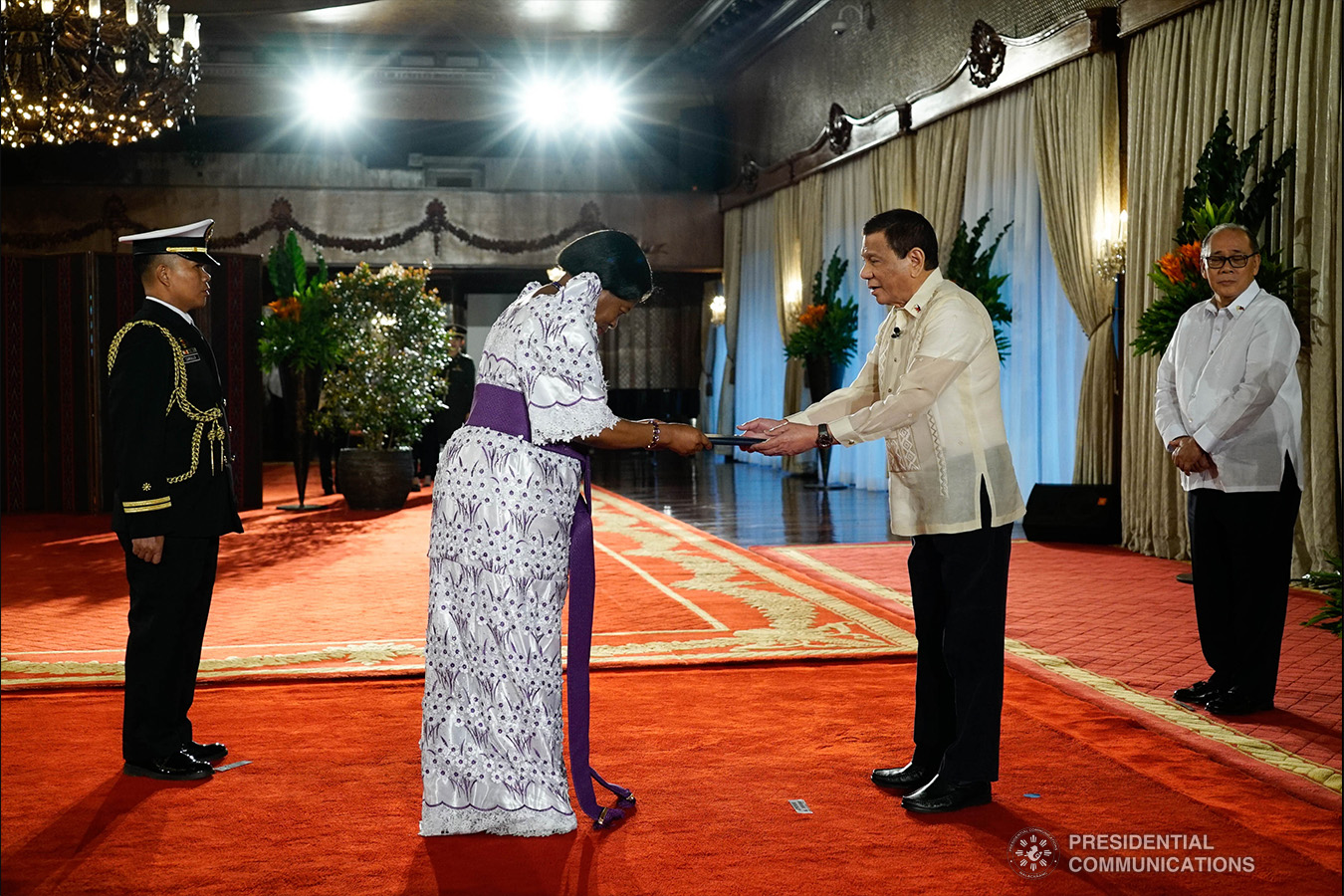 President Rodrigo Roa Duterte receives the credentials of Non-resident Ambassador Designate of Uganda Dorothy Samali Hyuha during a ceremony at the Malacañan Palace on January 21, 2019. KING RODRIGUEZ/PRESIDENTIAL PHOTO