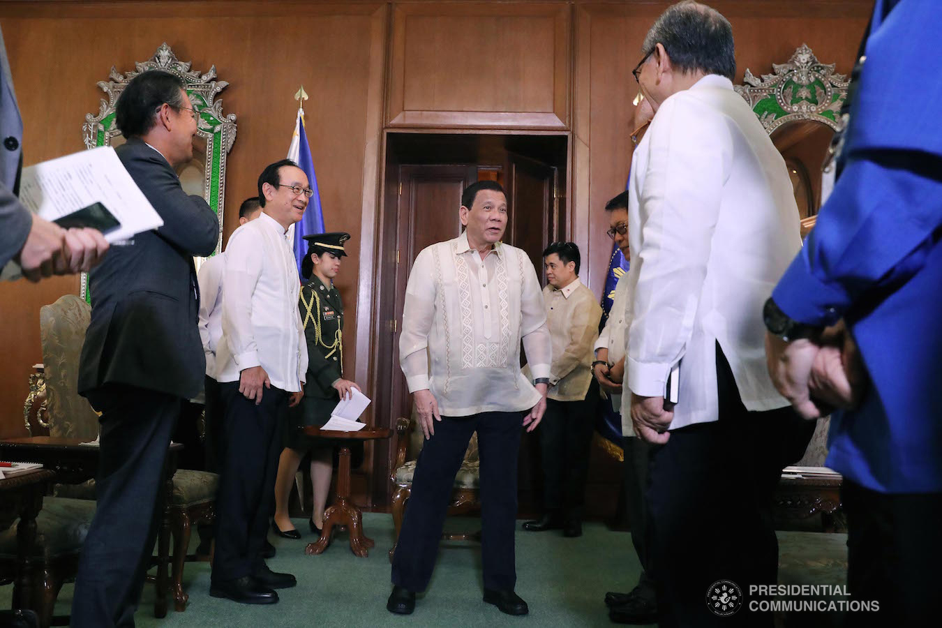 President Rodrigo Roa Duterte shares a light moment with Japanese Ambassador to the Philippines, Koji Haneda, and  members of his cabinet during the Japanese Ambassador's courtesy call on the President at the Malacañan Palace on January 21, 2019. ROLANDO MAILO/PRESIDENTIAL PHOTO