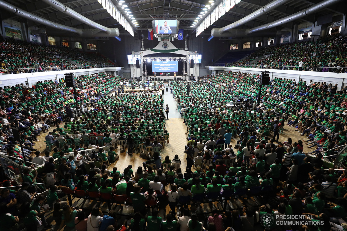 Thousands of attendees listen as President Rodrigo Roa Duterte delivers his speech during the annual assembly of the Provincial Union of Leaders Against Illegality (PULI) at the Quezon Convention Center in Lucena City, province of Quezon on January 22, 2019. ACE MORANDANTE/PRESIDENTIAL PHOTO