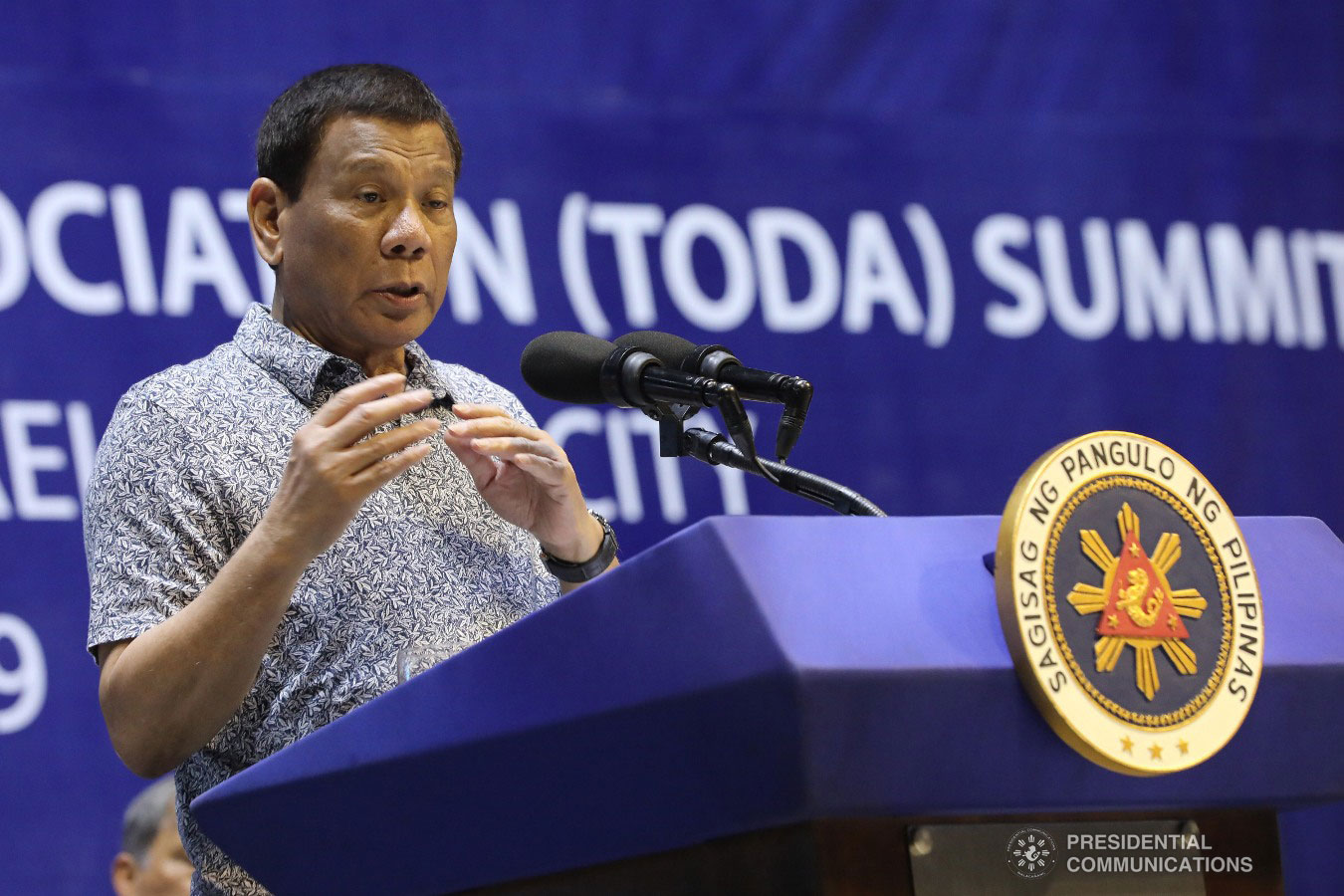 President Rodrigo Roa Duterte delivers his speech during the Tricycle Operators and Drivers’ Association (TODA) Summit at the Cuneta Astrodome in Pasay City on January 23, 2019. REY BANIQUET/PRESIDENTIAL PHOTO