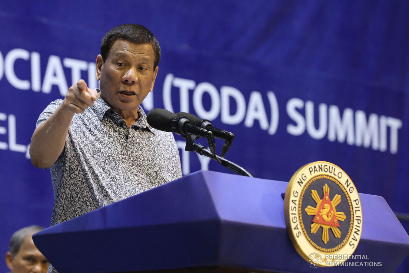 President Rodrigo Roa Duterte stresses at a point as he delivers his speech during the Tricycle Operators and Drivers’ Association (TODA) Summit at the Cuneta Astrodome in Pasay City on January 23, 2019. REY BANIQUET/PRESIDENTIAL PHOTO