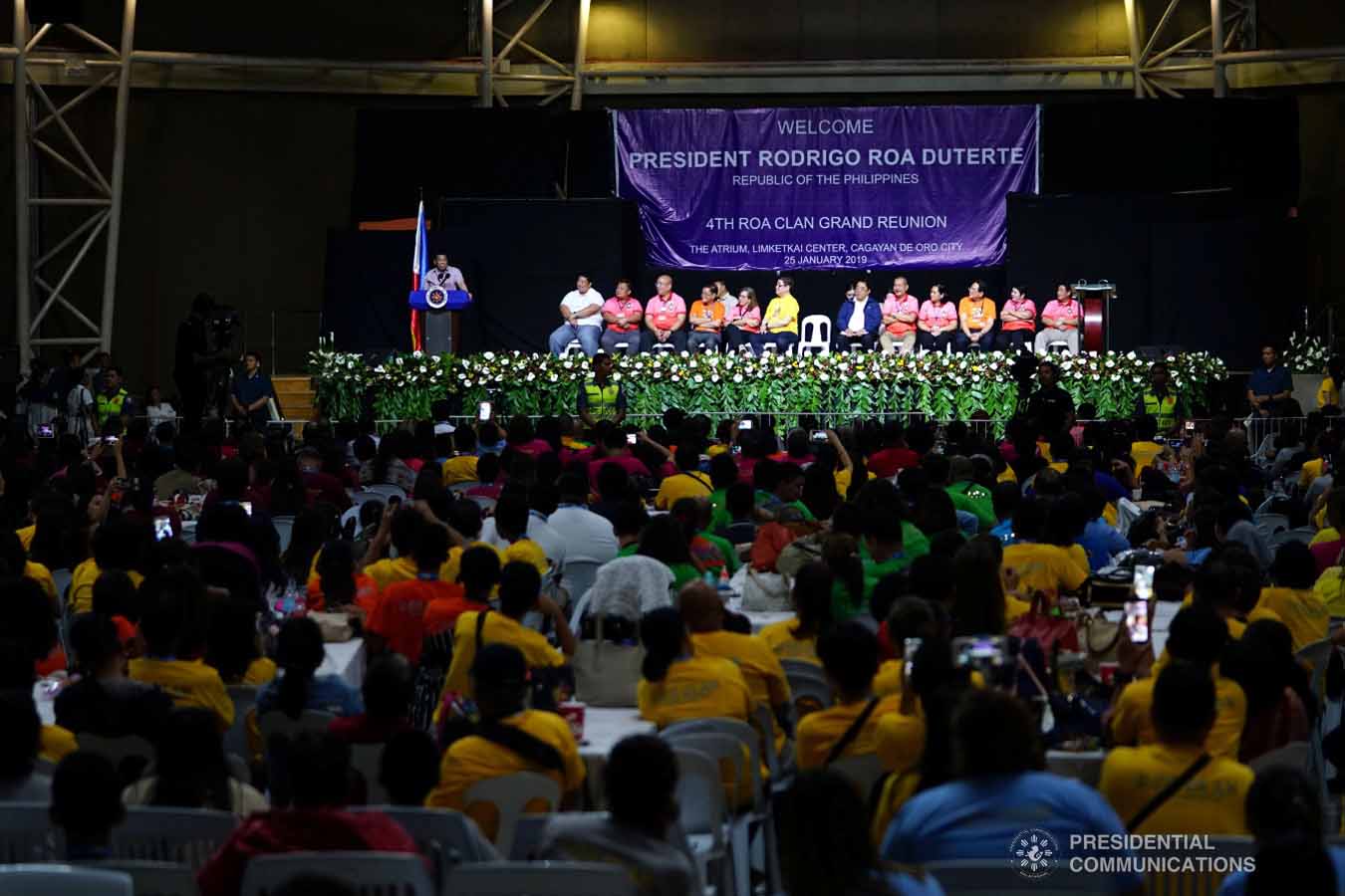 Attendees during the 4th Roa Clan Grand Reunion listen to President Rodrigo Roa Duterte as he delivers his speech during the event at the Limketkai Center in Cagayan de Oro City on January 25, 2019. JOEY DALUMPINES/PRESIDENTIAL PHOTO