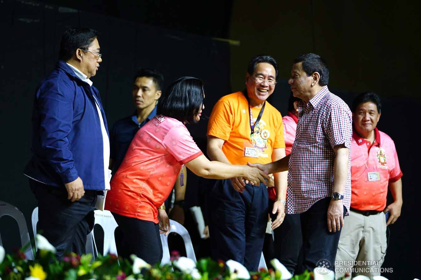 President Rodrigo Roa Duterte shares a light moment with some of the guests during the 4th Roa Clan Grand Reunion at the Limketkai Center in Cagayan de Oro City on January 25, 2019. JOEY DALUMPINES/PRESIDENTIAL PHOTO