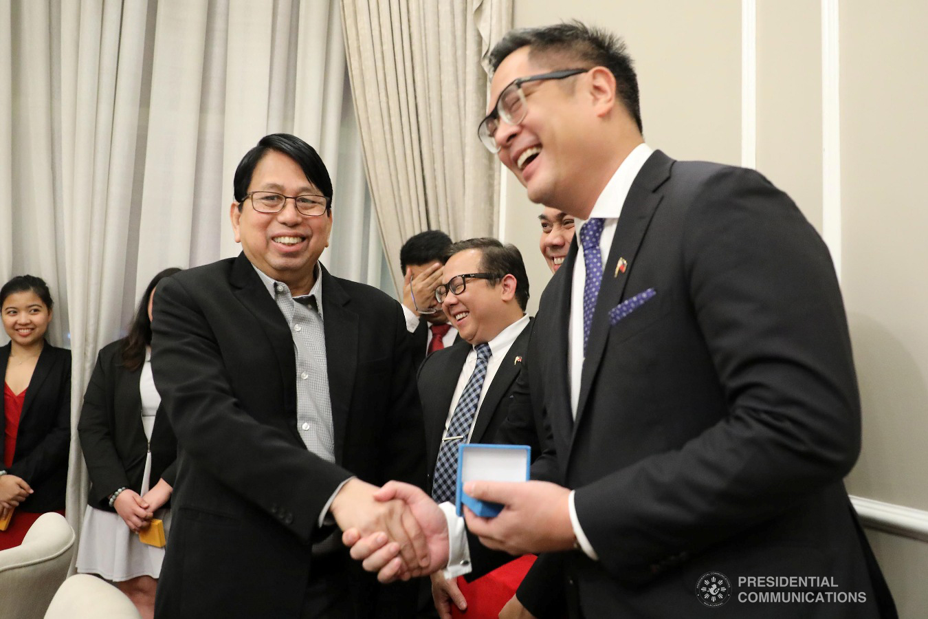 Presidential Communications Operations Office (PCOO) Secretary Martin Andanar shares a light moment with Myanmar Minister of Information Pe Myint during a   meeting at the Rizal Park Hotel in Manila following the signing of the Memorandum of Understanding on January 25, 2019. ROBERT ALFILER/PRESIDENTIAL PHOTO