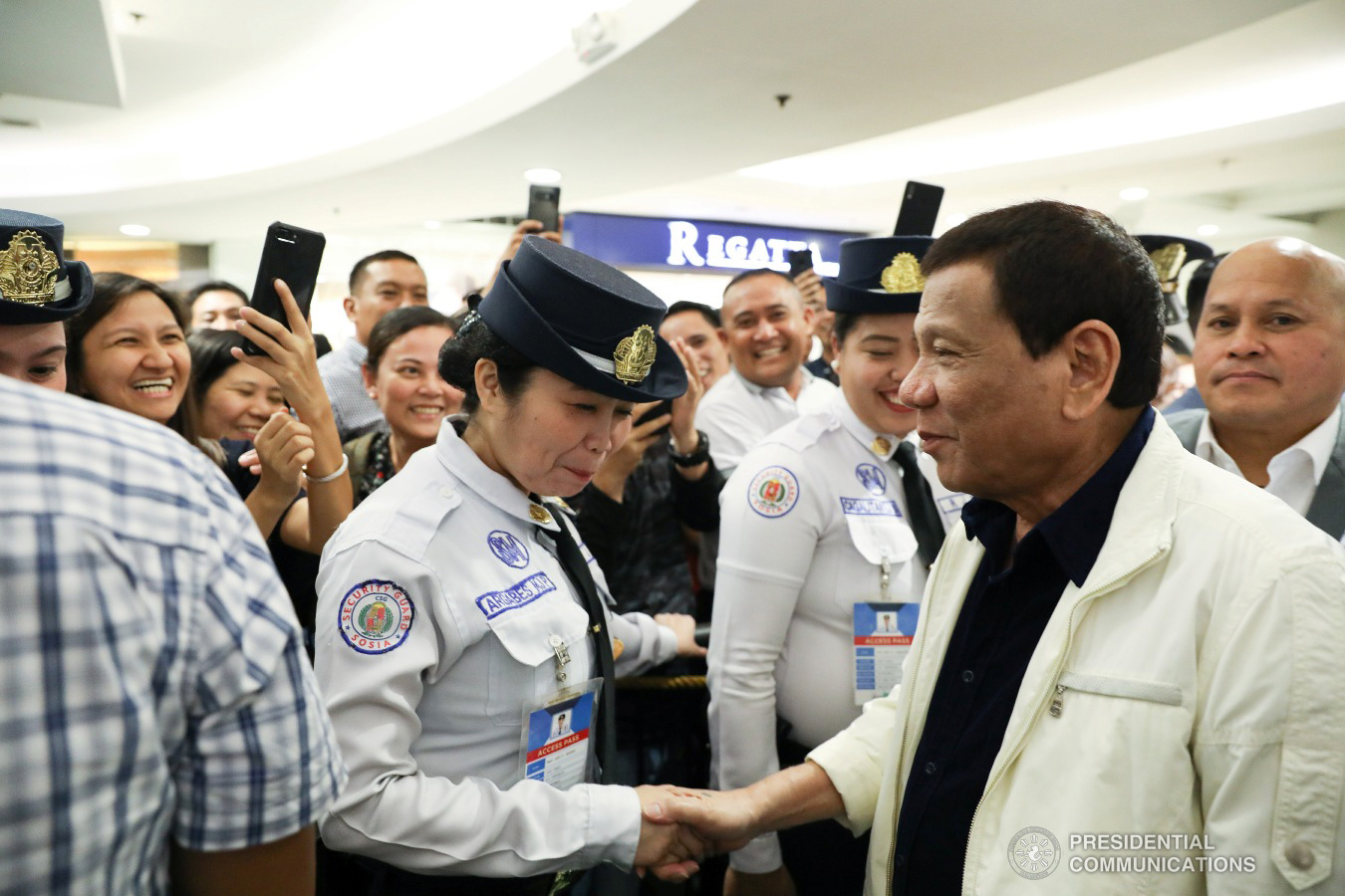 President Rodrigo Roa Duterte interacts with his supporters upon his arrival at the SM Megamall in Mandaluyong City to watch the premiere of the movie "Bato The Movie: The General Ronald Dela Rosa Story" on January 29, 2019. ACE MORANDANTE/ PRESIDENTIAL PHOTO
