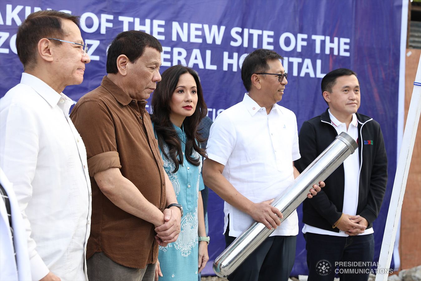 President Rodrigo Roa Duterte prepares to lead the groundbreaking ceremony for the construction of the San Lorenzo Ruiz General Hospital (SLRGH) in Malabon City on January 29, 2019. Joining the President are Health Secretary Francisco Duque III, Malabon City Vice Mayor Jeannie Sandoval, Malabon City Representative Federico Sandoval II, and Former Special Assistant to the President Christopher Lawrence "Bong" Go. TOTO LOZANO/PRESIDENTIAL PHOTO