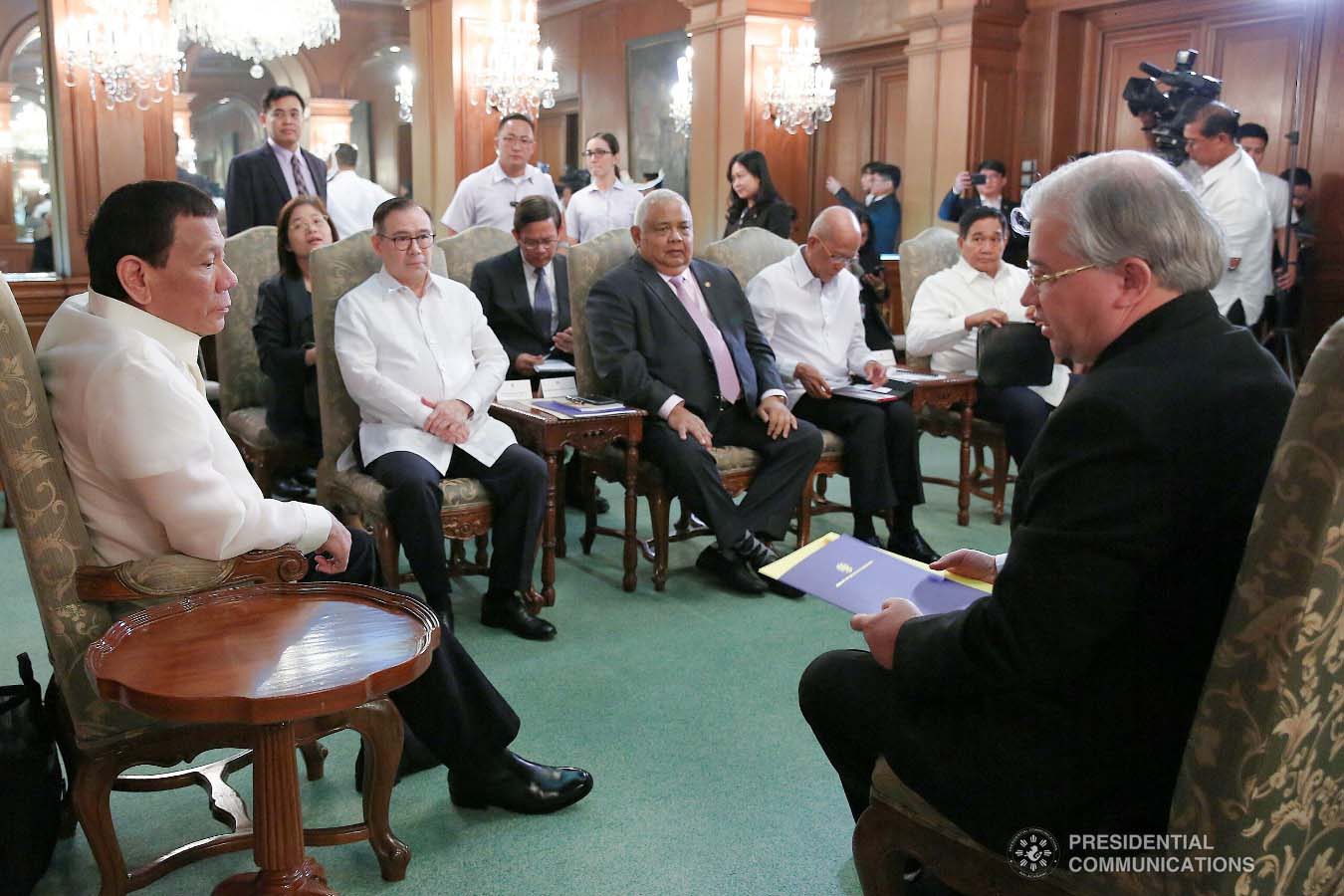 President Rodrigo Roa Duterte discusses matters with Russian Ambassador to the Philippines Igor Khovaev who paid a courtesy call on the President at the Malacañan Palace on January 31, 2019. Joining the President are Foreign Affairs Secretary Teodoro Locsin Jr., Executive Secretary Salvador Medialdea, Defense Secretary Delfin Lorenzana, and National Security Adviser Hermogenes Esperon Jr. ALBERT ALCAIN/PRESIDENTIAL PHOTO