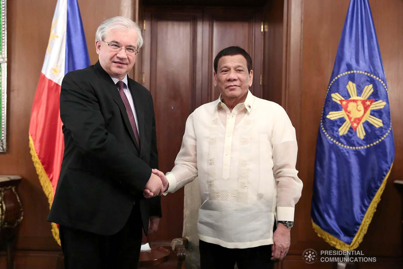 President Rodrigo Roa Duterte and Russian Ambassador to the Philippines Igor Khovaev pose for posterity as the latter paid a courtesy call on the President at the Malacañan Palace on January 31, 2019. ALBERT ALCAIN/PRESIDENTIAL PHOTO