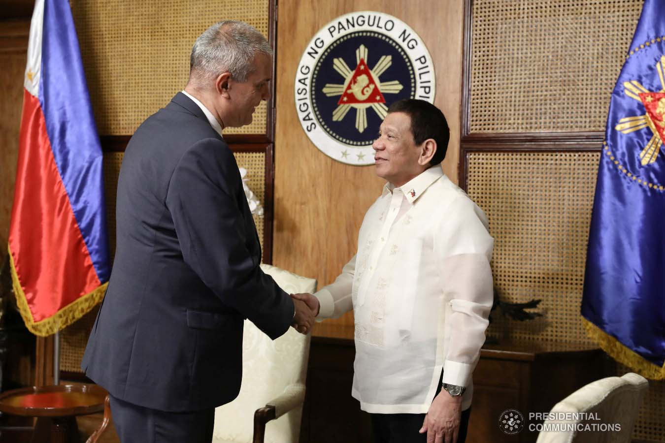 President Rodrigo Roa Duterte greets Ambassador of Israel to the Philippines Rafael Harpaz who paid a courtesy call on the President at the Malacañan Palace on January 31, 2019. TOTO LOZANO/PRESIDENTIAL PHOTO