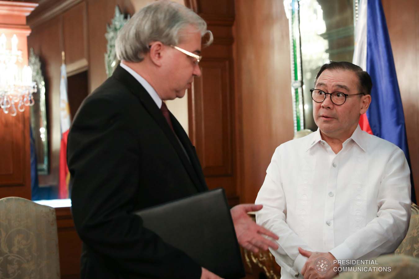 Foreign Affairs Secretary Teodoro Locsin Jr. discusses matters with Russian Ambassador to the Philippines Igor Khovaev who paid a courtesy call on President Rodrigo Roa Duterte at the Malacañan Palace on January 31, 2019. TOTO LOZANO/PRESIDENTIAL PHOTO
