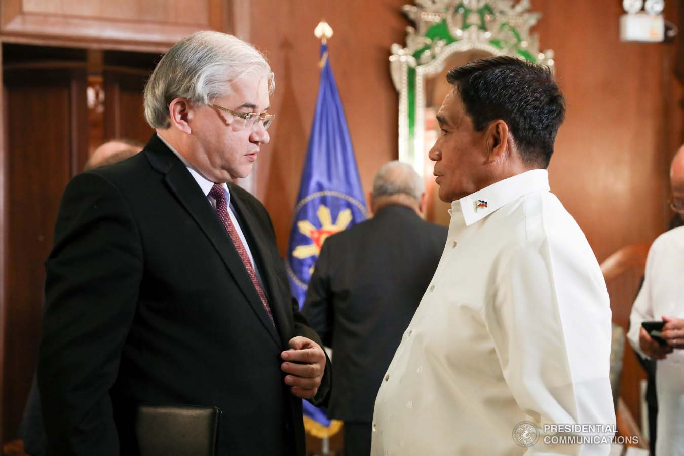 National Security Adviser Hermogenes Esperon Jr. discusses matters with Russian Ambassador to the Philippines Igor Khovaev who paid a courtesy call on President Rodrigo Roa Duterte at the Malacañan Palace on January 31, 2019. TOTO LOZANO/PRESIDENTIAL PHOTO