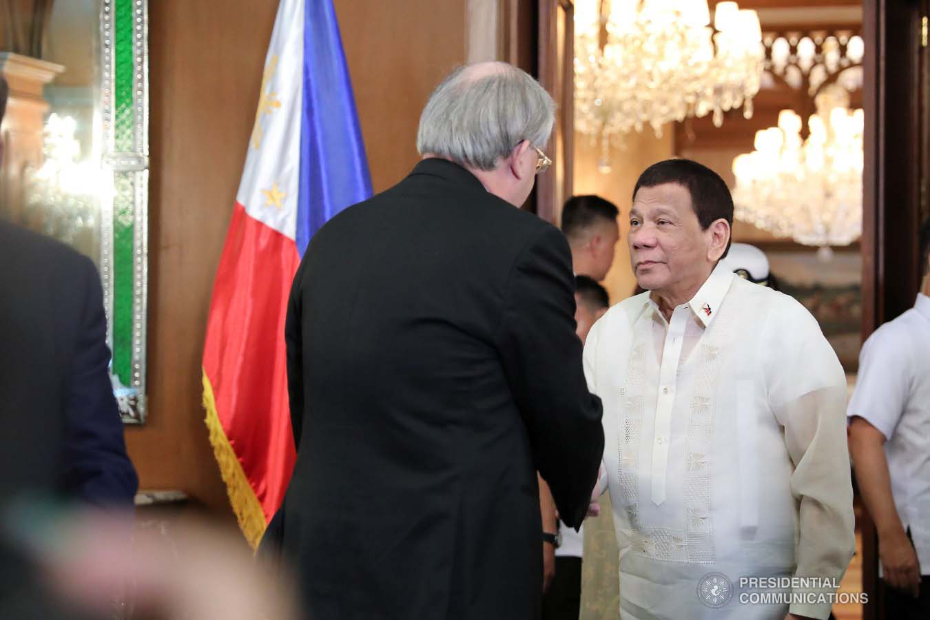 President Rodrigo Roa Duterte greets Russian Ambassador to the Philippines Igor Khovaev who paid a courtesy call on the President at the Malacañan Palace on January 31, 2019. VALERIE ESCALERA/PRESIDENTIAL PHOTO