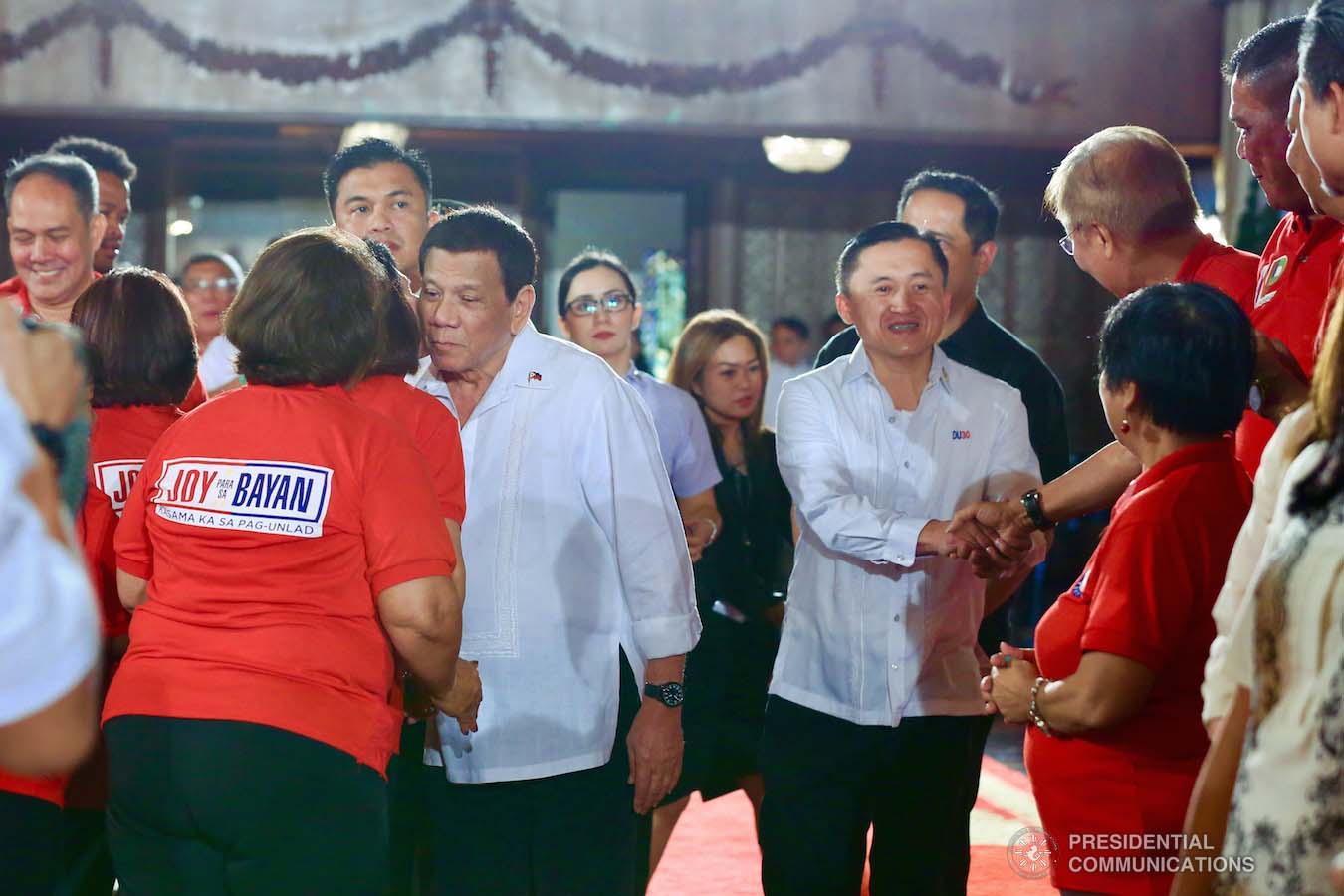 President Rodrigo Roa Duterte greets the Barangay Councilors from the Fourth District of Quezon City during a meeting at the Malacañan Palace on February 6, 2019. Joining the President is former Special Assistant to the President Christopher Lawrence "Bong" Go who was among the invited guests during the meeting. RICHARD MADELO/PRESIDENTIAL PHOTO