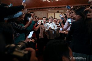 President Rodrigo Roa Duterte answers queries from the members of the media following the oath taking ceremony of Senator Christopher Lawrence "Bong" Go at the Malacañan Palace on June 27, 2019. Also in the photo is Presidential Chief Legal Counsel and Spokesperson Salvador Panelo. KARL NORMAN ALONZO/PRESIDENTIAL PHOTO