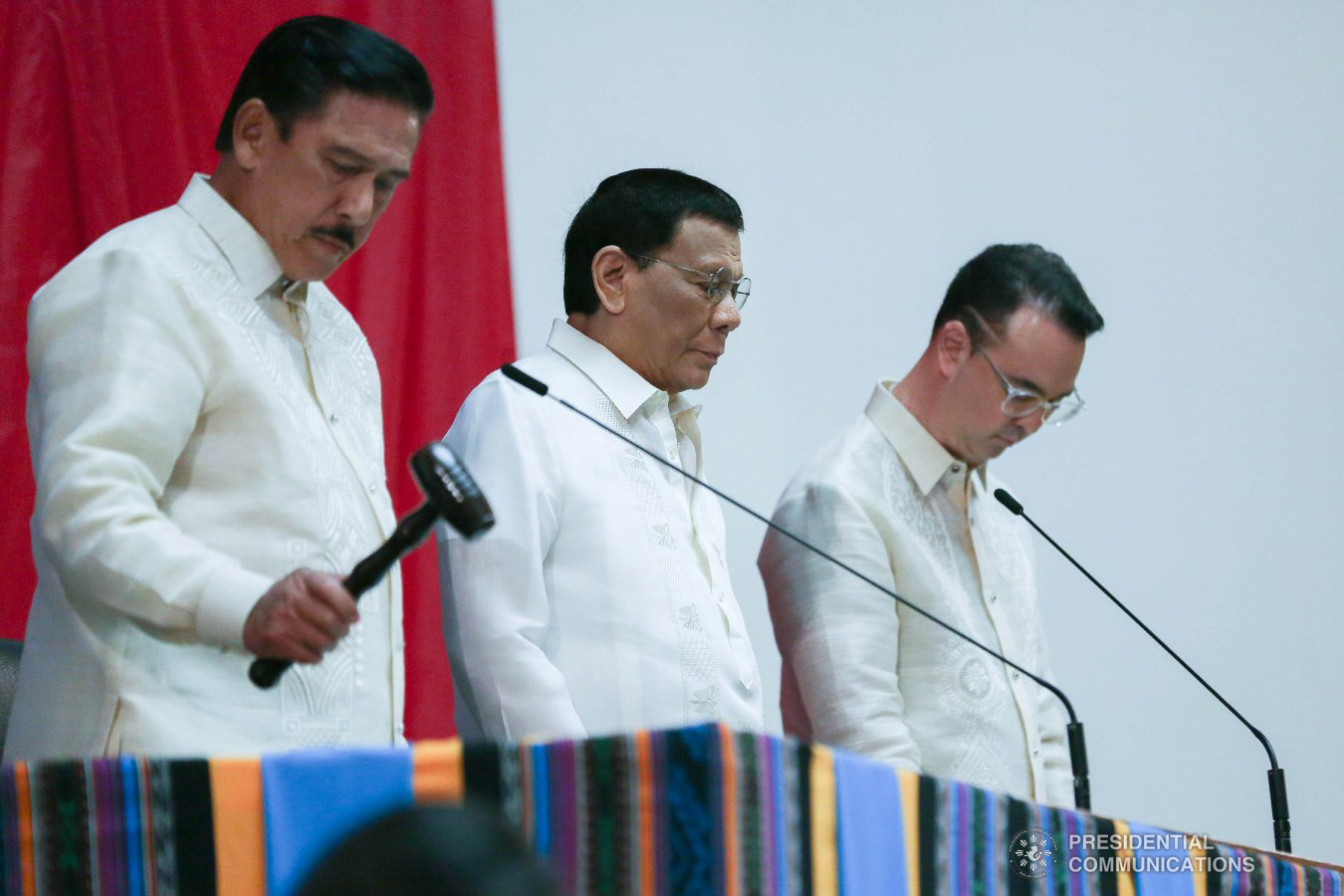 President Rodrigo Roa Duterte is joined by Senate President Vicente Sotto III and House Speaker Alan Peter Cayetano during the joint session of the 18th Congress and before delivering his Fourth State of the Nation Address on July 22, 2019. SIMEON CELI JR./PRESIDENTIAL PHOTO