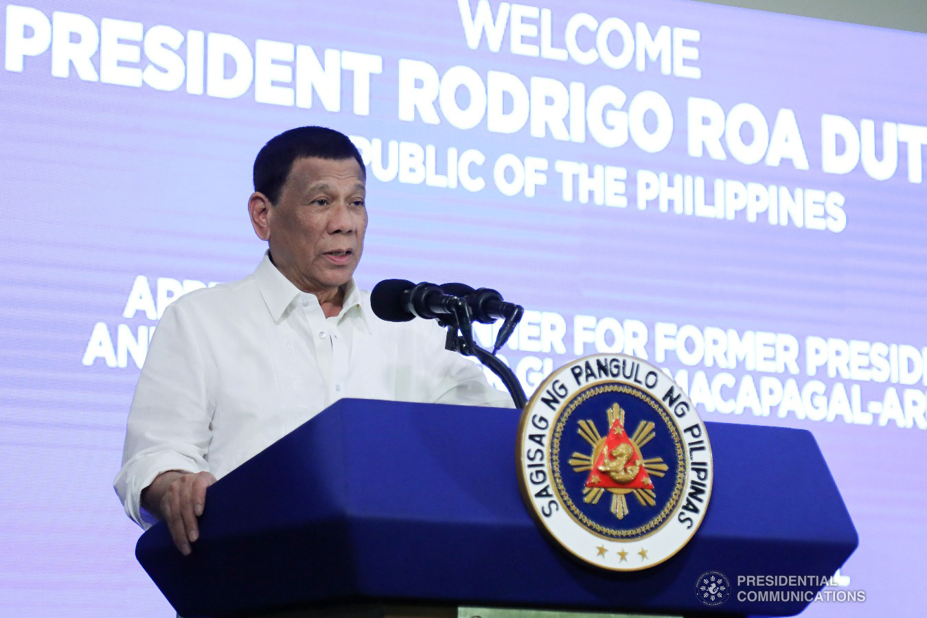 President Rodrigo Roa Duterte delivers his speech during the appreciation dinner for House Speaker Gloria Macapagal-Arroyo at The Manila Hotel on July 9, 2019. VALERIE ESCALERA/PRESIDENTIAL PHOTO