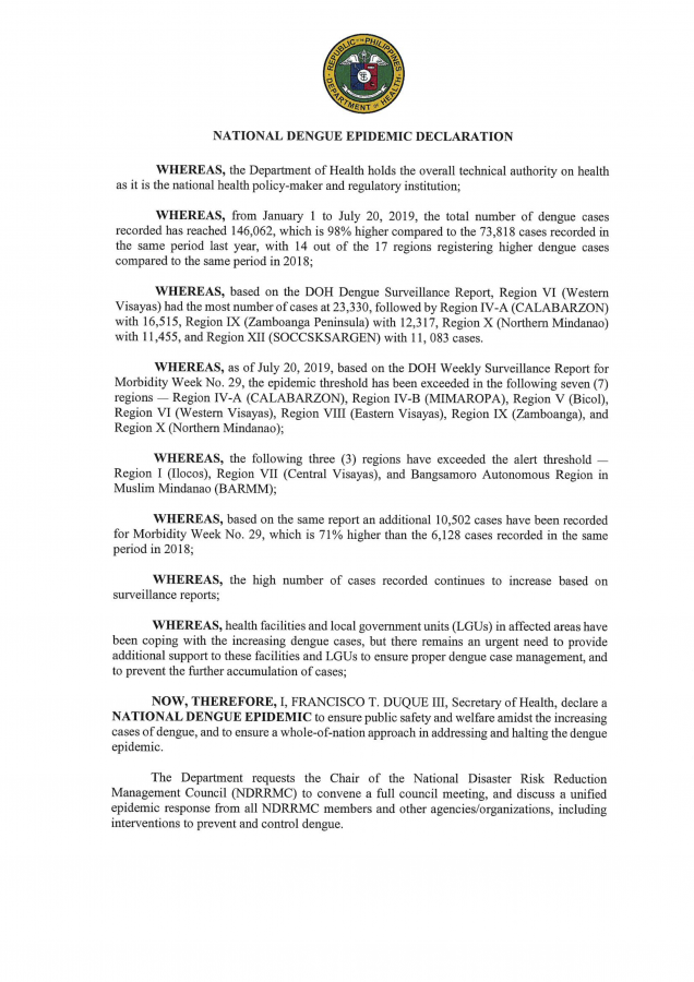 Declaration for National Dengue Epidemic page 1
