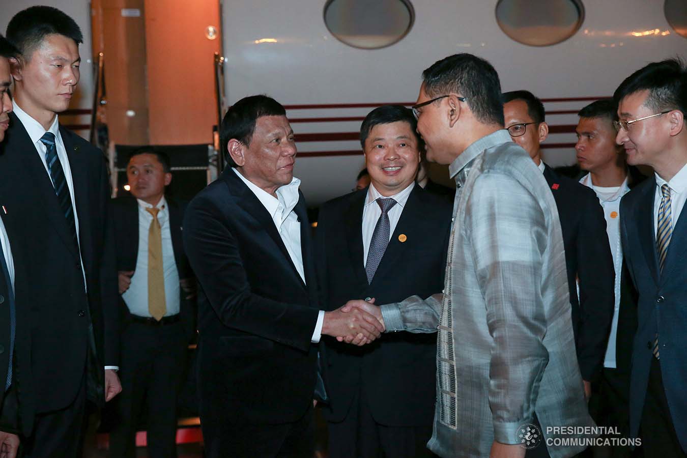 President Rodrigo Roa Duterte receives a warm welcome from Consul General Marshall Alferez upon his arrival at the Guangzhou Baiyun International Airport in Guangdong Province, People's Republic of China on August 30, 2019. ALBERT ALCAIN/PRESIDENTIAL PHOTO