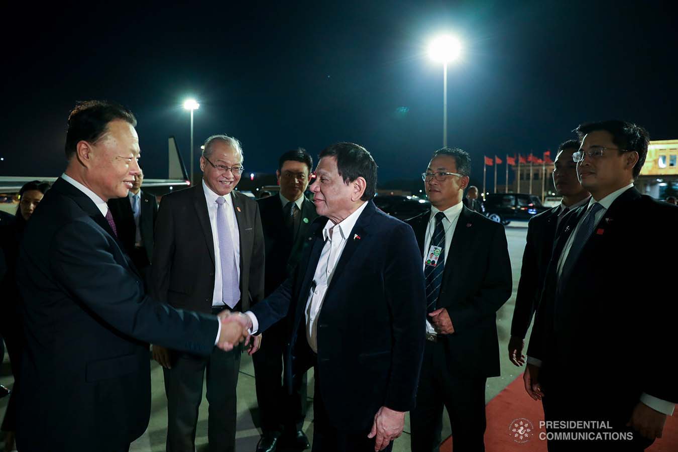 President Rodrigo Roa Duterte bids farewell to Chinese Ambassador to the Philippines Zhao Jianhua as he prepares to board a plane bound for Guangdong Province at the Beijing Capital International Airport on August 30, 2019. ACE MORANDANTE/PRESIDENTIAL PHOTO