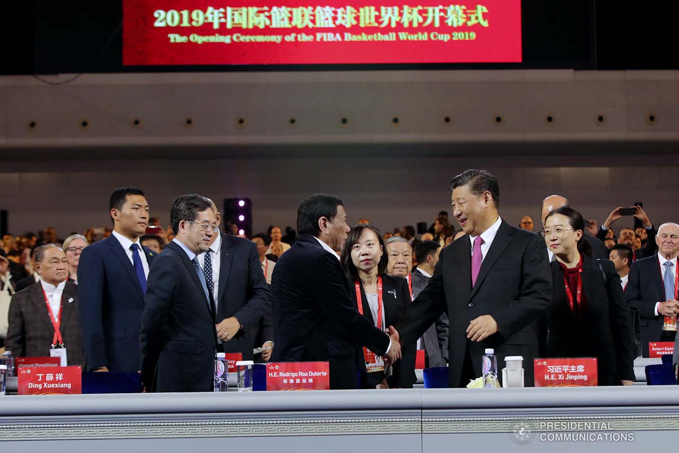 President Rodrigo Roa Duterte is welcomed by People's Republic of China President Xi Jinping upon his arrival at the National Aquatics Center in Beijing for the opening ceremony of the FIBA Basketball World Cup 2019 on August 30, 2019. ROBINSON NIÑAL JR./PRESIDENTIAL PHOTO