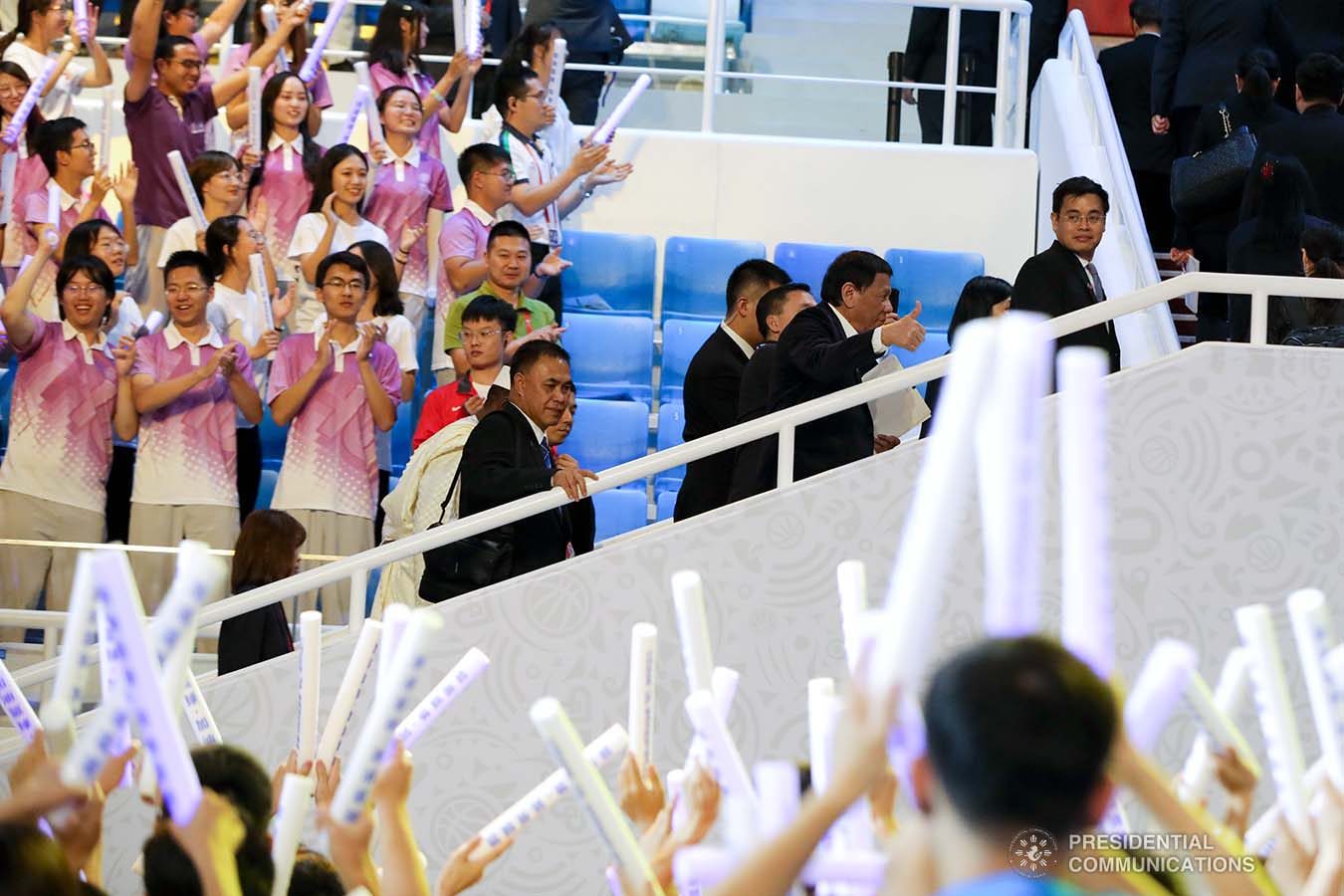 President Rodrigo Roa Duterte gives the thumbs up to the Gilas Pilipinas during the opening ceremony of the FIBA Basketball World Cup 2019 at the National Aquatics Center in Beijing, People's Republic of China on August 30, 2019. ROBINSON NIÑAL JR./PRESIDENTIAL PHOTO