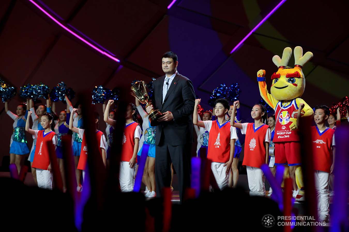 Former National Basketball Association superstar Yao Ming holds the Naismith Trophy during the opening ceremony of the FIBA Basketball World Cup 2019 at the National Aquatics Center in Beijing, People's Republic of China on August 30, 2019. President Rodrigo Roa Duterte was among the guests during the opening of the prestigious international cagefest. ROBINSON NIÑAL JR./PRESIDENTIAL PHOTO