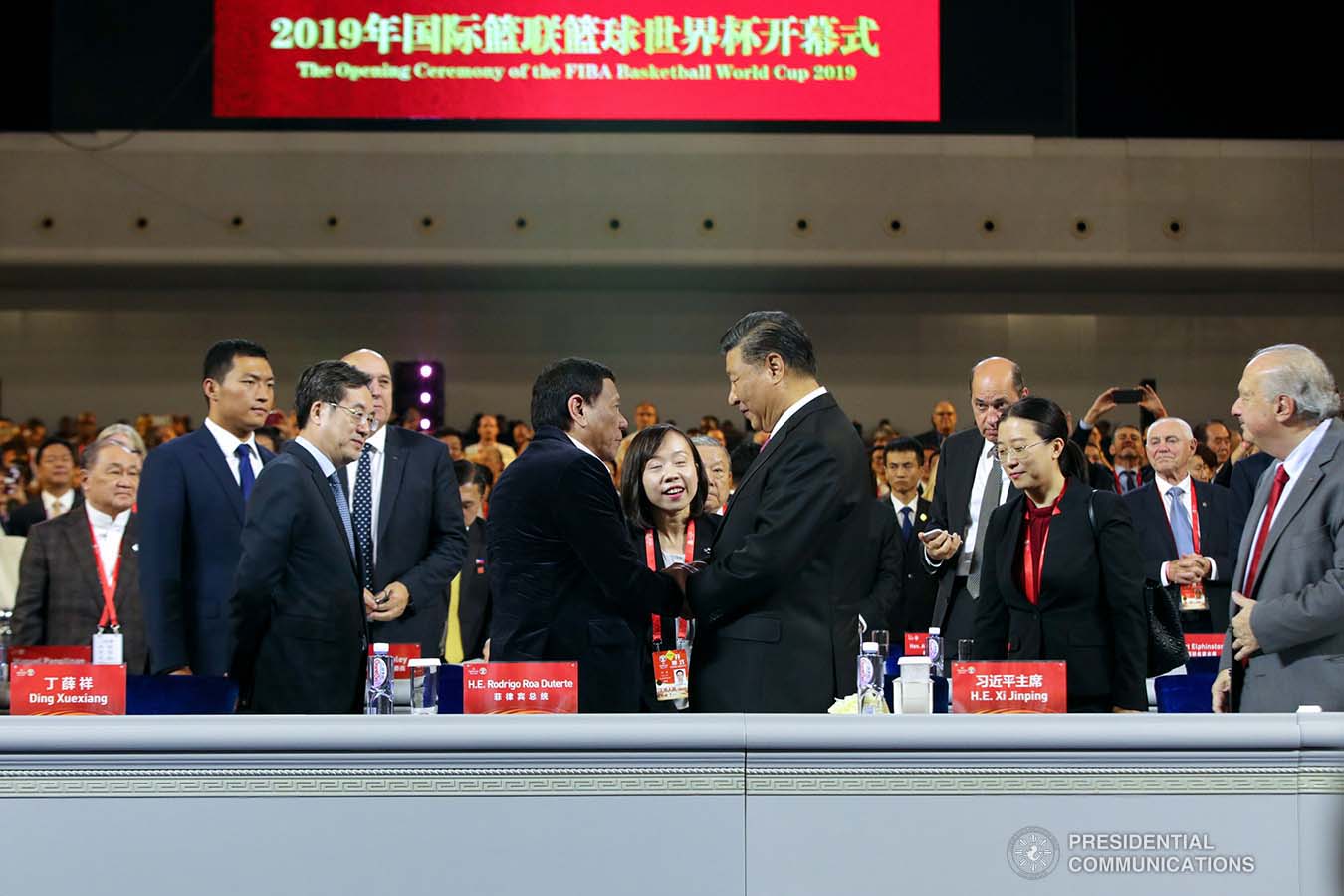 President Rodrigo Roa Duterte is welcomed by People's Republic of China President Xi Jinping upon his arrival at the National Aquatics Center in Beijing for the opening ceremony of the FIBA Basketall World Cup 2019 on August 30, 2019. ROBINSON NIÑAL JR./PRESIDENTIAL PHOTO