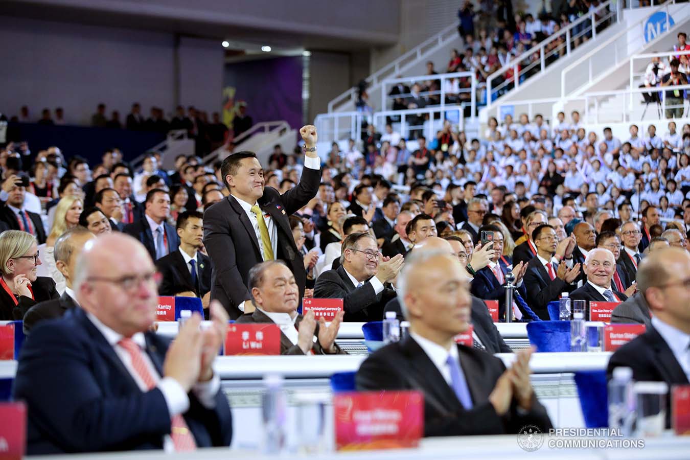 Senator Christopher "Bong" Go shows his support for Gilas Pilipinas during the opening ceremony of the FIBA Basketball World Cup 2019 at the National Aquatics Center in Beijing, People's Republic of China on August 30, 2019. President Rodrigo Roa Duterte was among the guests during the opening of the prestigious international cagefest. ROBINSON NIÑAL JR./PRESIDENTIAL PHOTO