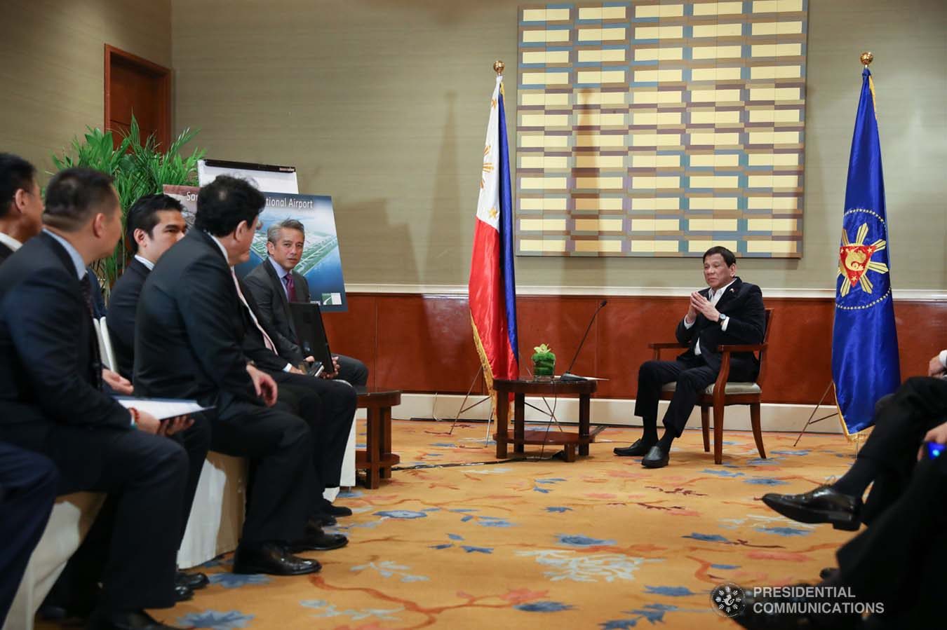 President Rodrigo Roa Duterte discusses matters with officials from Cavite LGU, CAVITEX Holdings, China Communication Construction Company, and China Airport Construction Group who paid a courtesy call on the President at the Grand Hyatt Hotel in Beijing on August 30, 2019. KARL NORMAN ALONZO/ PRESIDENTIAL PHOTO