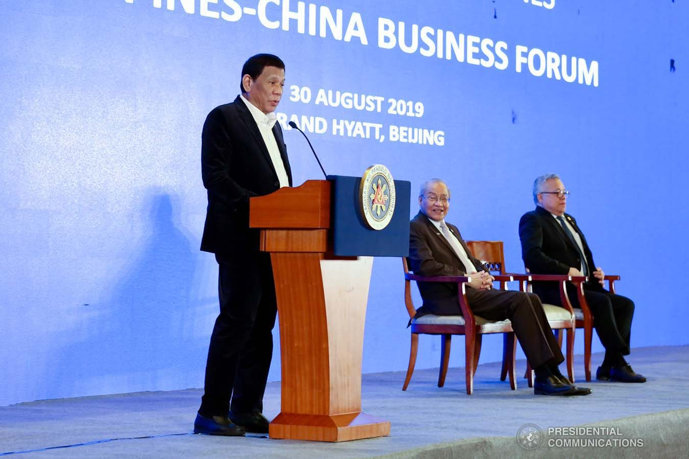 President Rodrigo Roa Duterte delivers his speech during the Philippines-China Business Forum at the Grand Hyatt Hotel in Beijing on August 30, 2019. RICHARD MADELO/ PRESIDENTIAL PHOTO