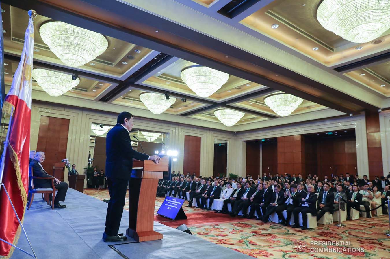 President Rodrigo Roa Duterte delivers his speech during the Philippines-China Business Forum at the Grand Hyatt Hotel in Beijing on August 30, 2019. REY BANIQUET/ PRESIDENTIAL PHOTO