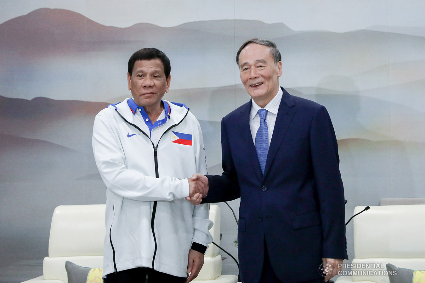 President Rodrigo Roa Duterte poses for posterity with People's Republic of China Vice President Wang Qishan who paid a courtesy call on the President at the Foshan International Sports and Cultural Center in Guangdong on August 31, 2019. TOTO LOZANO/PRESIDENTIAL PHOTO