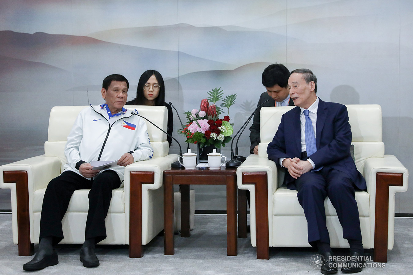 President Rodrigo Roa Duterte discusses matters with People's Republic of China Vice President Wang Qishan who paid a courtesy call on the President at the Foshan International Sports and Cultural Center in Guangdong on August 31, 2019. TOTO LOZANO/PRESIDENTIAL PHOTO